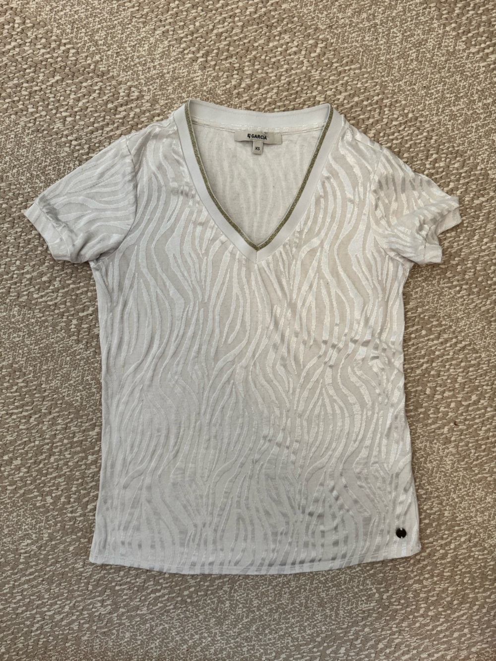 Garcia White Short Sleeve V-Neck Tee Animal Print and Metallic Trim XS